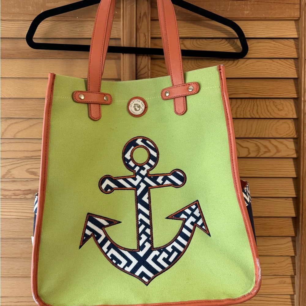 Stylish Anchor Tote Bag - Green and Orange